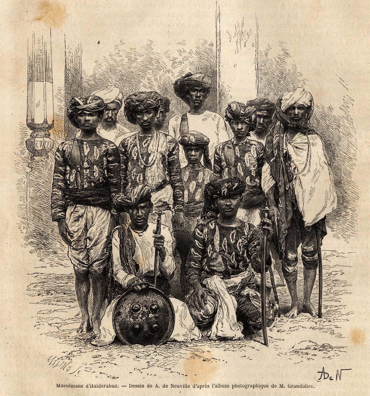 Eine Gruppe muslimischer Männer in Haiderabad, Pakistan. Gravur zur Illustration der Reise in die südlichen Provinzen Indiens, von Alfred Grandidier, 1862-1864, veröffentlicht in „Le Tour du Monde“, unter der Leitung von Edouard Charton, Hachette, Paris 18 von Unknown artist