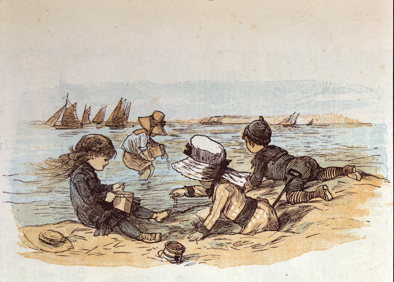 砂の上の水辺で遊ぶ子供たちのグループ。1881 作： 無名の画家