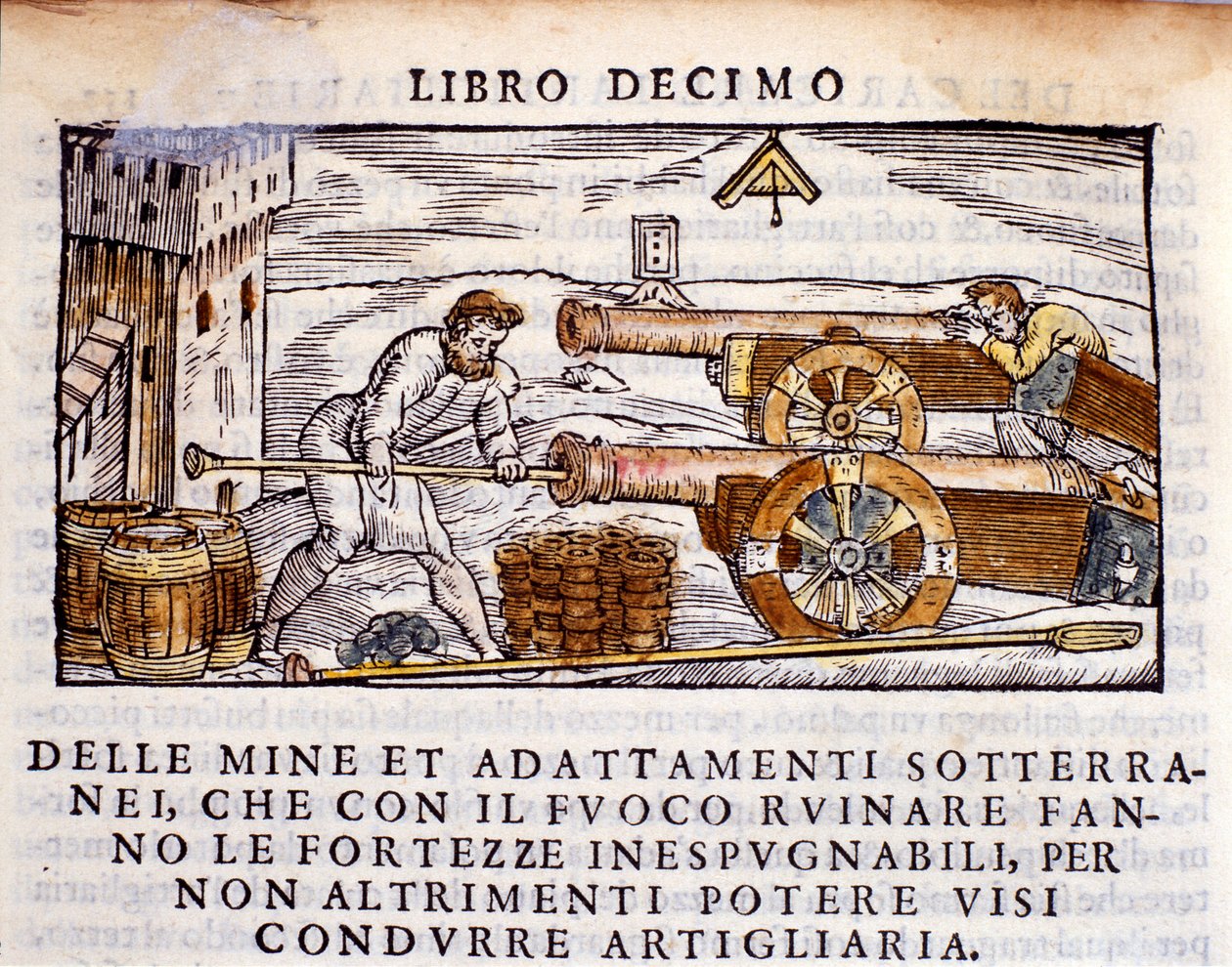 砲手が銃に爆薬を装填する様子。Vannoccio Biringuccio (1480-1539) 1550年による冶金ミルキング「De la Pyrotechnia」（またはPirotechnia）からのエングレーヴィング。 作： 無名の画家
