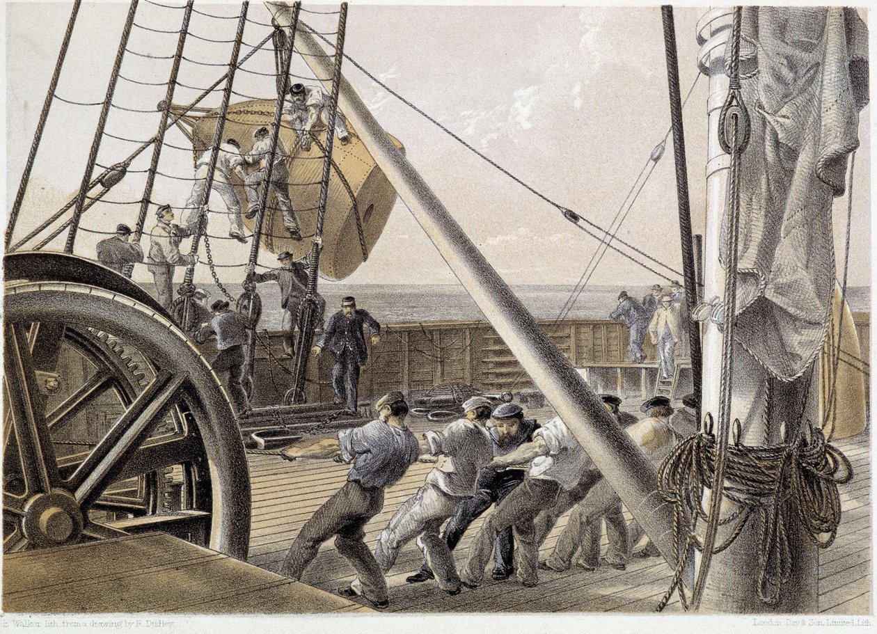1858年8月2日、巨大なスポットブイが描かれていた-1860年頃、W.H.ラッセル著「The Atlantic telegraph」にて 作： 無名の画家