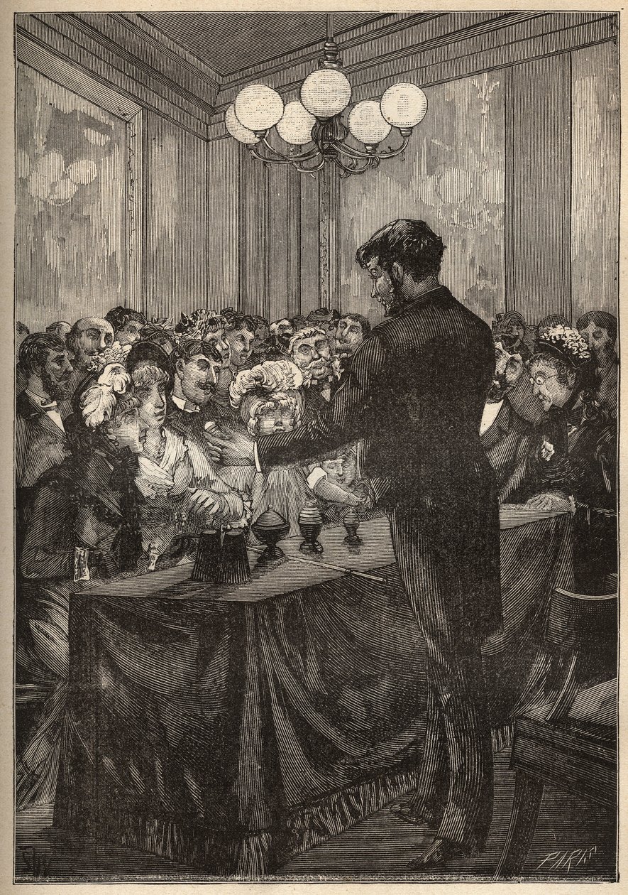 ナツメグの箱を使ってボールを出現させたり消したりするマジシャン。Adolphe BITARDの "Les arts et metiers illustres "に掲載された1885年のエングレーヴィング。 作： 無名の画家