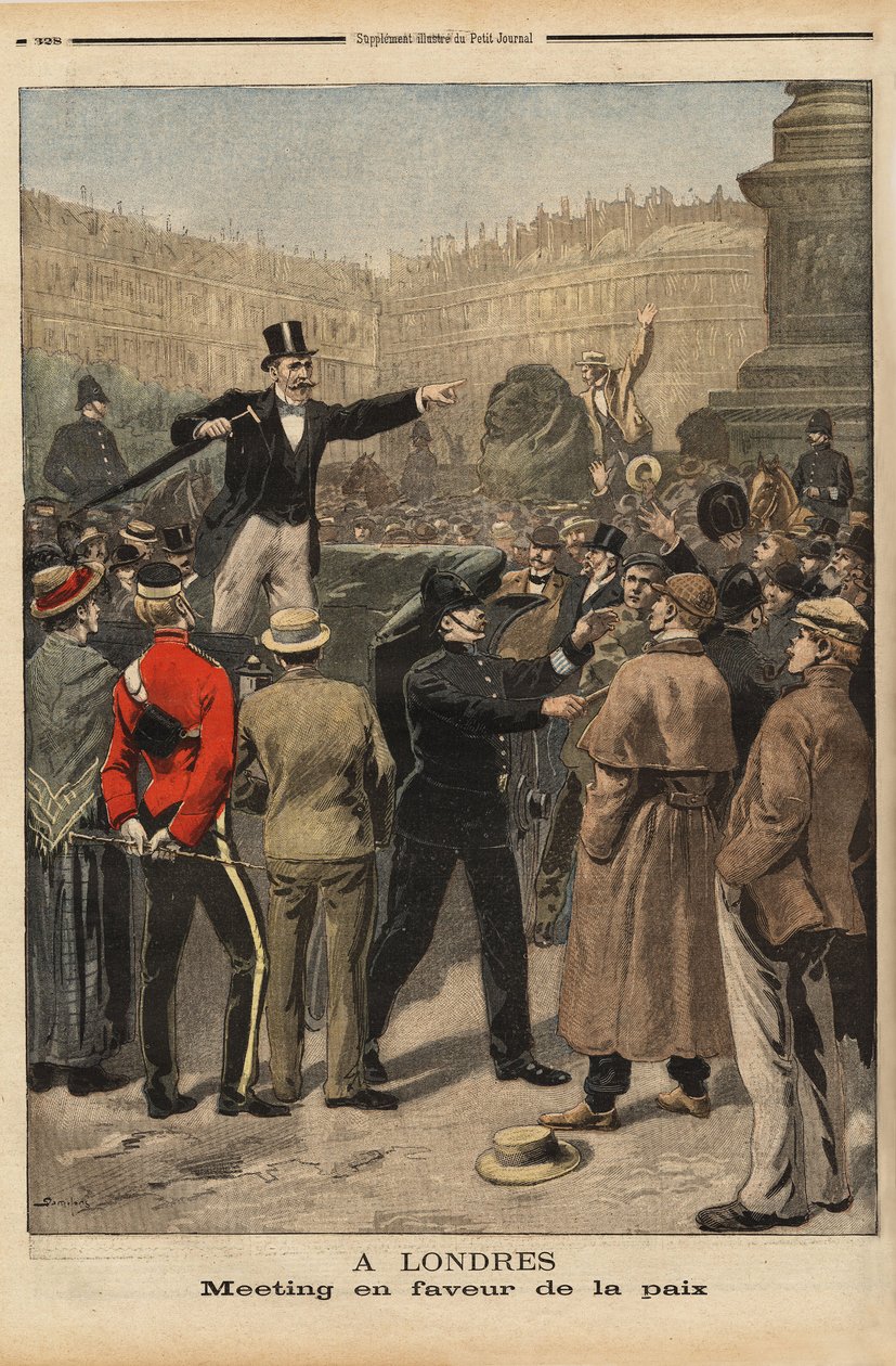 ロンドンのトラファルガー広場で行われたトランスバールでの和平会議。1899年8月9日の「Le petit journal」に掲載されたエングレーヴィング。セルバ・コレクション。 作： 無名の画家
