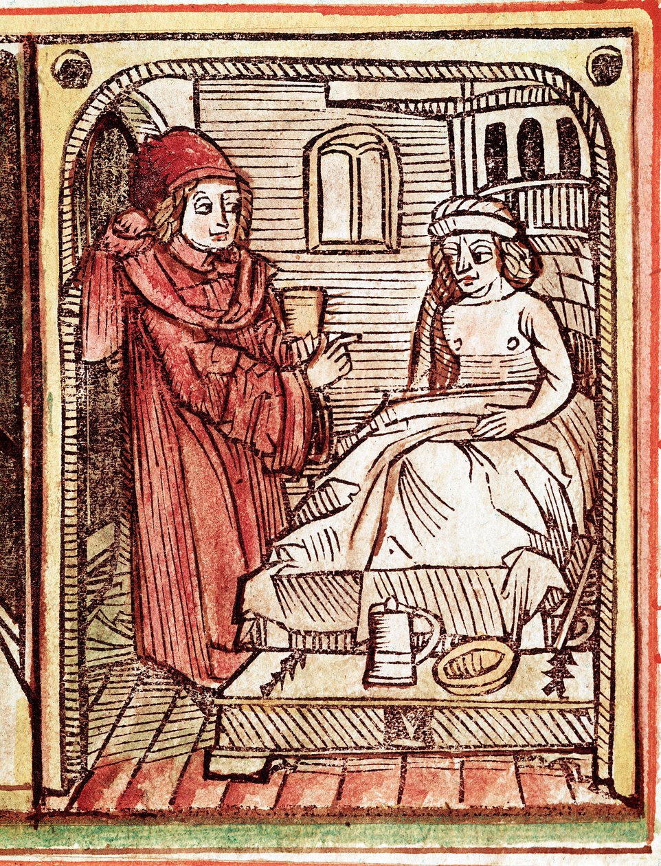 薬草を使った治療法を患者に施す医師 15世紀の「Tractatus de pestilentia」からの版画 - プラハ国立図書館 作： 無名の画家