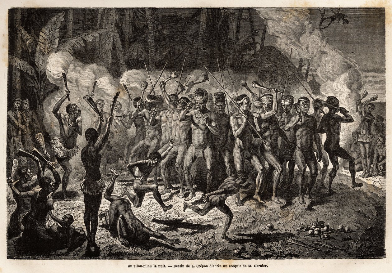 カナック族の儀式の伝統的な踊りである、夜のピロウ・ピロウ（またはピル、ピル）。鉱山技師ジュール・ガルニエが1863年から1866年にかけて行ったニューカレドニアへの航海を説明するためのエングレーヴィングで、「Le tour du monde, nouveau jour」に掲載されています。 作： 無名の画家