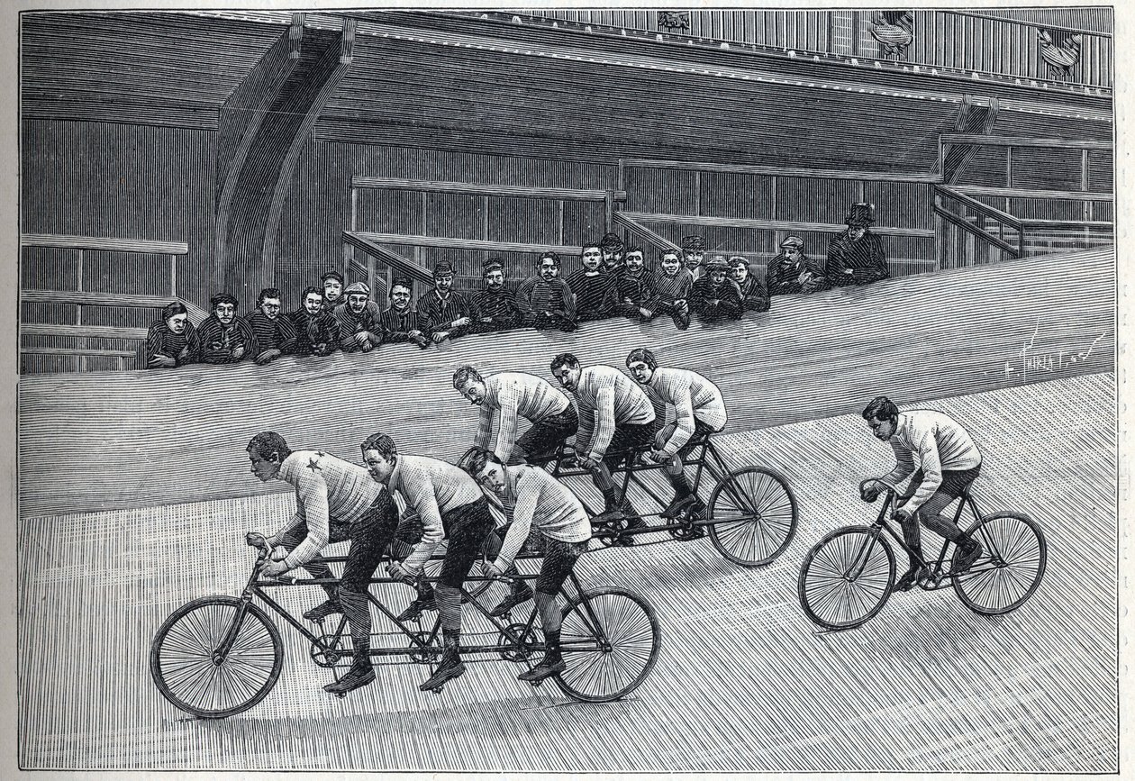 自転車競技場に設置されたトリプレットトレインに乗ったトレーナーと一緒に走る記録保持者のサイクリスト。"La Nature "のエングレービング 作： 無名の画家