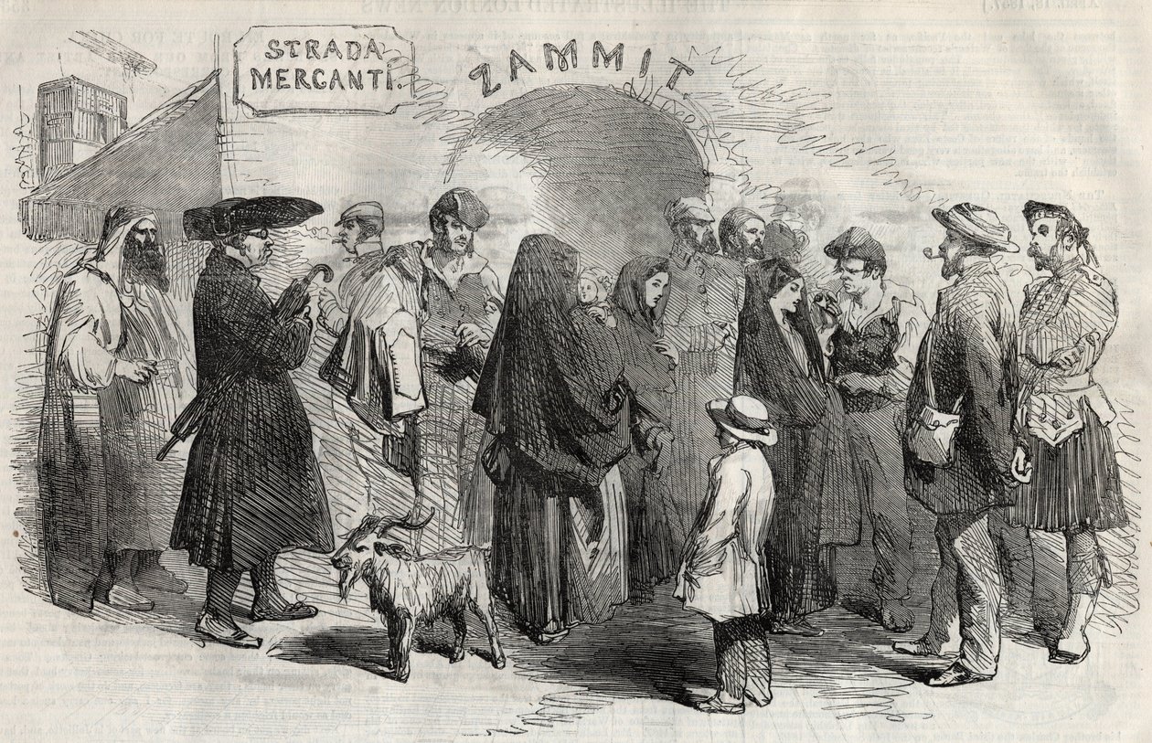 1857年、マルタ島（Malta）のヴァレッタ（Valletta）の通り。 作： 無名の画家