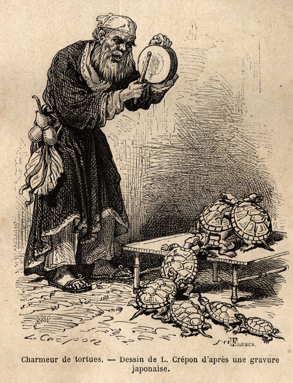 乞食と妖精のチャラ男の中間的な存在であるカメのチャラ男。1863年から1864年にかけて、スイス連邦公使のアイム・アンベールが日本への旅を説明するために描いたもので、「le tour du monde」に掲載されています。 作： 無名の画家