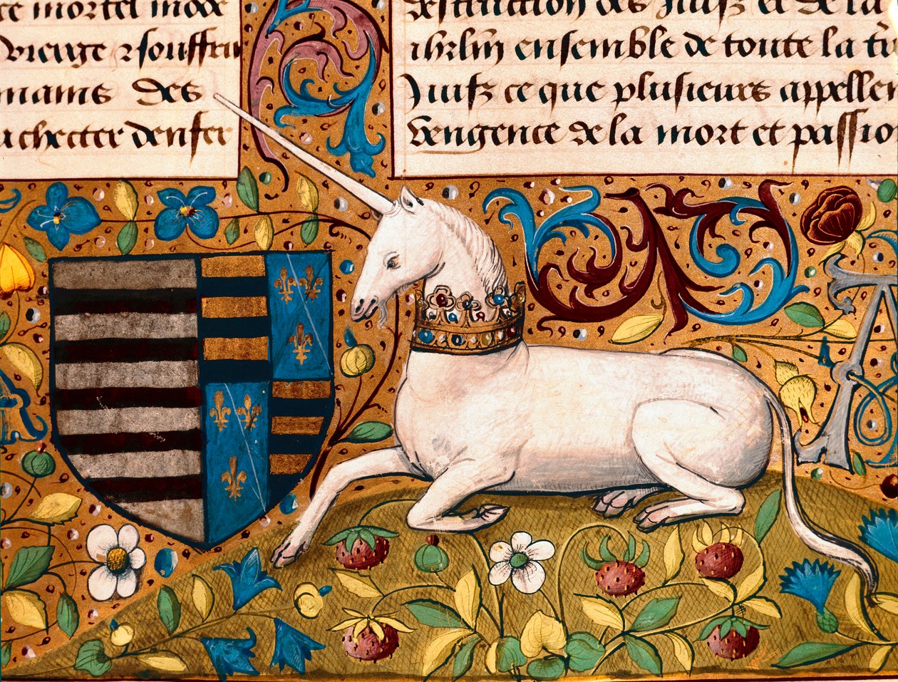 一角獣と紋章 15世紀の手稿のページの詳細 - シャンティイ、コンデ