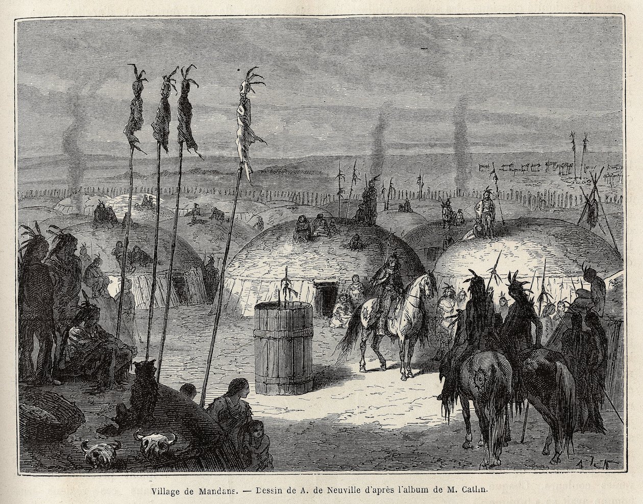 Ein Dorf der Mandan-Indianer am linken Ufer des Missouri, 600 Meilen von der Stadt Saint Louis entfernt. Gravur zur Illustration eines Ausflugs unter die Indianerstämme der Becken von Kolumbien und Ober-Missouri, von G. Catlin, 1841 von Unknown artist