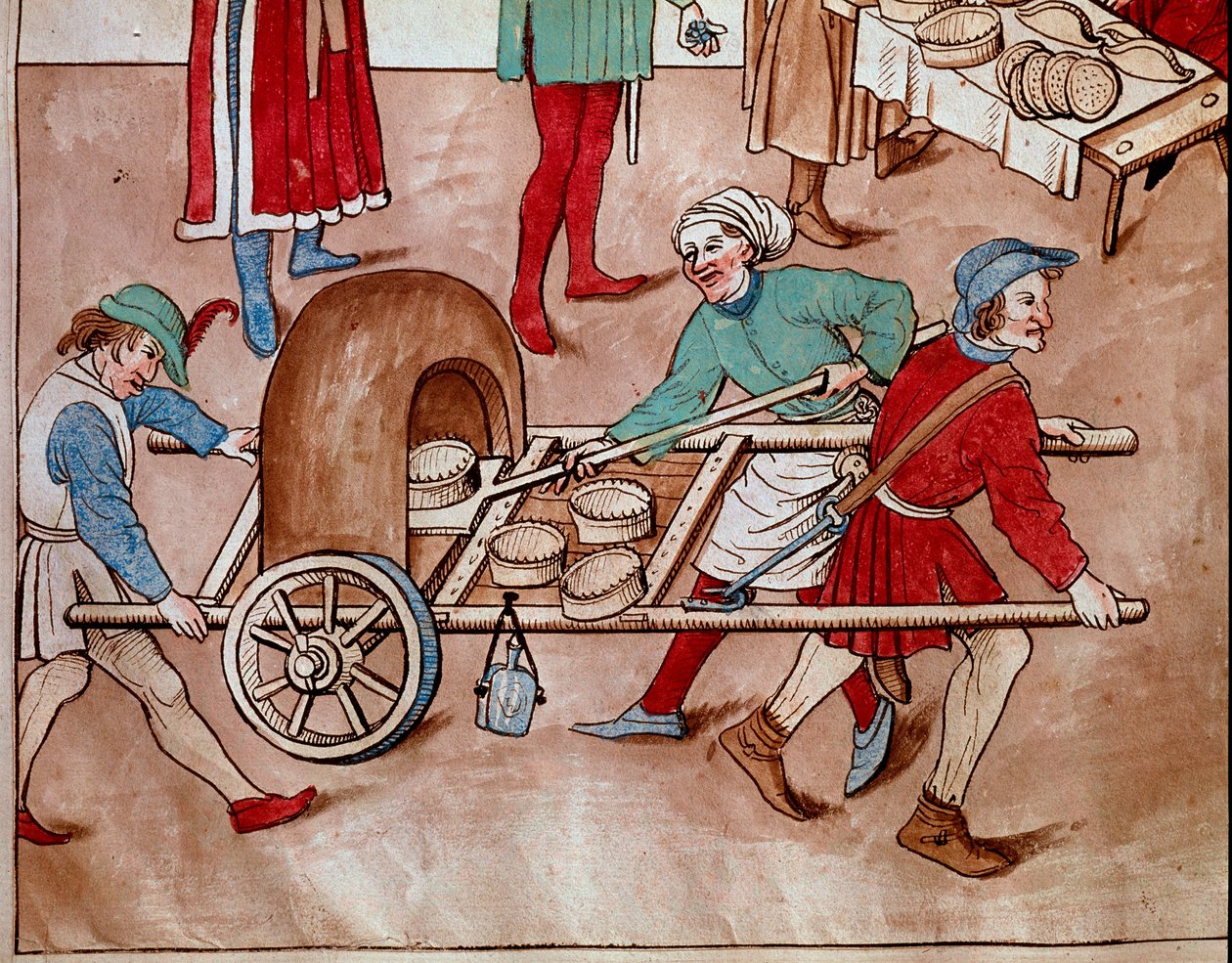 歩くパン屋さん。ウルリッヒ・リヒテンタル（1360-1437）の「コンスタンツ公会議年代記」からのミニチュア 1438年頃 プラハ、国立図書館 作： 無名の画家