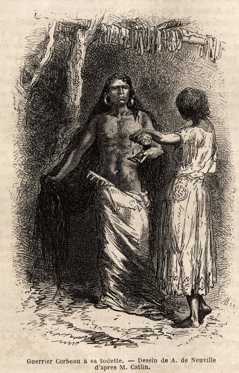 ルイス川沿いに住むクロウ・インディアン部族の戦士（カラス）がトイレをしているところ。1855年にG.カトリンがコロンビア川とミズーリ川上流域のインディアン部族の間で行った旅行を説明するために描かれたもので、"le tour du monde "に掲載されています。 作： 無名の画家