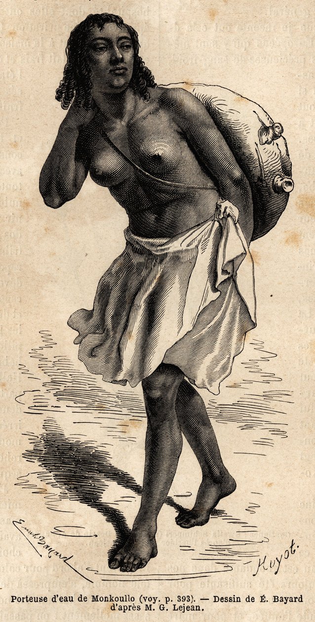 Ein Wasserträger aus Monkoullo, eine Samharianerin (Äthiopien), trägt ein Lederoberteil, das an einem langen Palmfaserseil hängt, das sie in einen großen Tontank entleert, um das Tier zu tränken. Illustration der Reise nach Abessinien, 1862, von Guillaume von Unknown artist