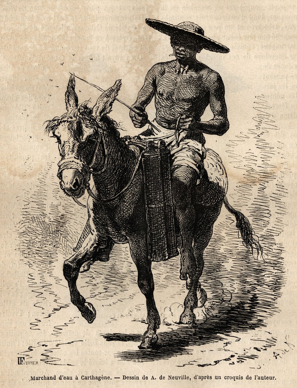 Ein Wasserverkäufer in Cartagena (Kolumbien), Wasser ist knapp und sein Handel ist lukrativ, der Verkäufer besitzt noch eine Maultrommel, füllt Bambusstämme mit Flüssigkeit, die er zufällig auf den Straßen verkauft. Gravur zur Illustration der Reise nach N von Unknown artist