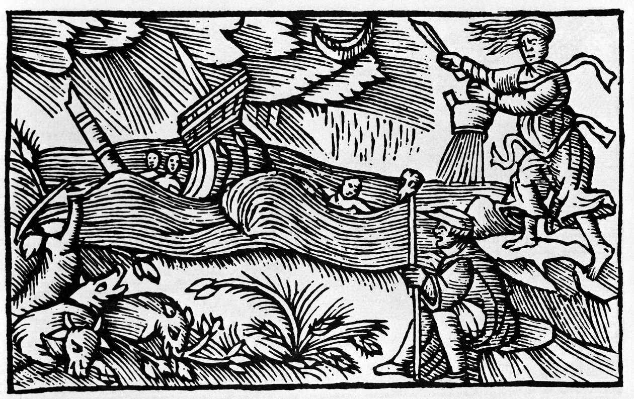 オラウス・マグヌスの "Historia de gentis nortentrionalibu "の後、魔女が嵐を起こす（1555年、ローマ 作： 無名の画家