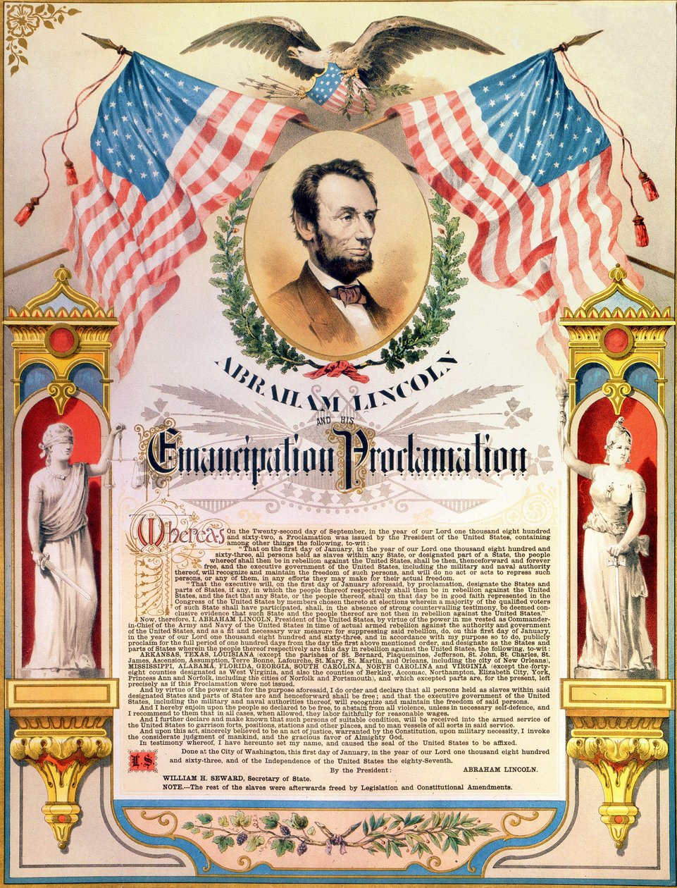 エイブラハム・リンカーンと奴隷解放の宣言（旗と鷲）。22-09-1862. 作： 無名の画家