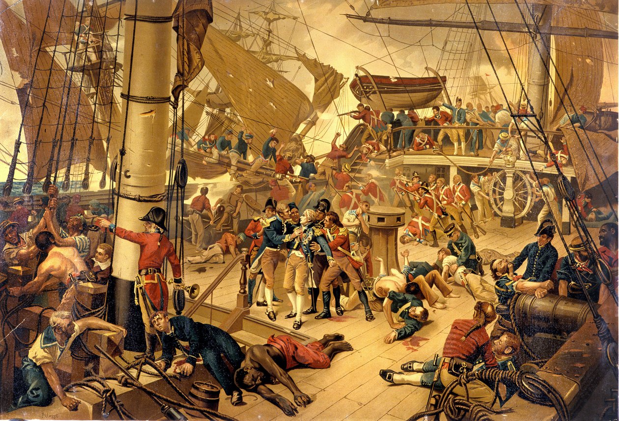 1805年10月21日、トラファルガーの戦いの際、ヴィクトリーブリッジで負傷したネルソン提督。 作： 無名の画家