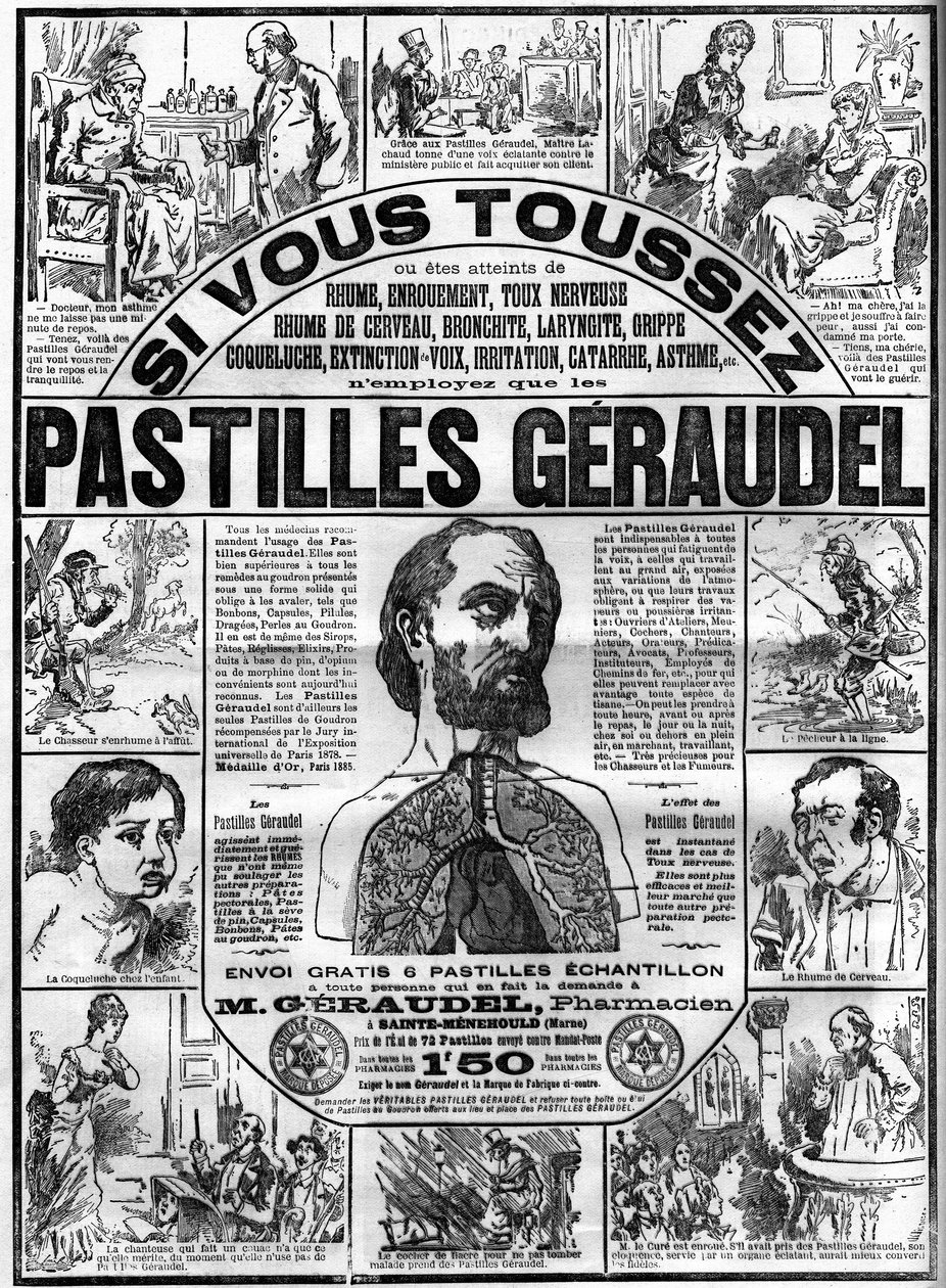 薬剤師Arthur Geraudel（1841-1906）a Sainte-Menehould（サント・メネホール）によるGeraudel錠の咳に対する広告。"Le monde illustrious "のエングレーヴィング 作： 無名の画家