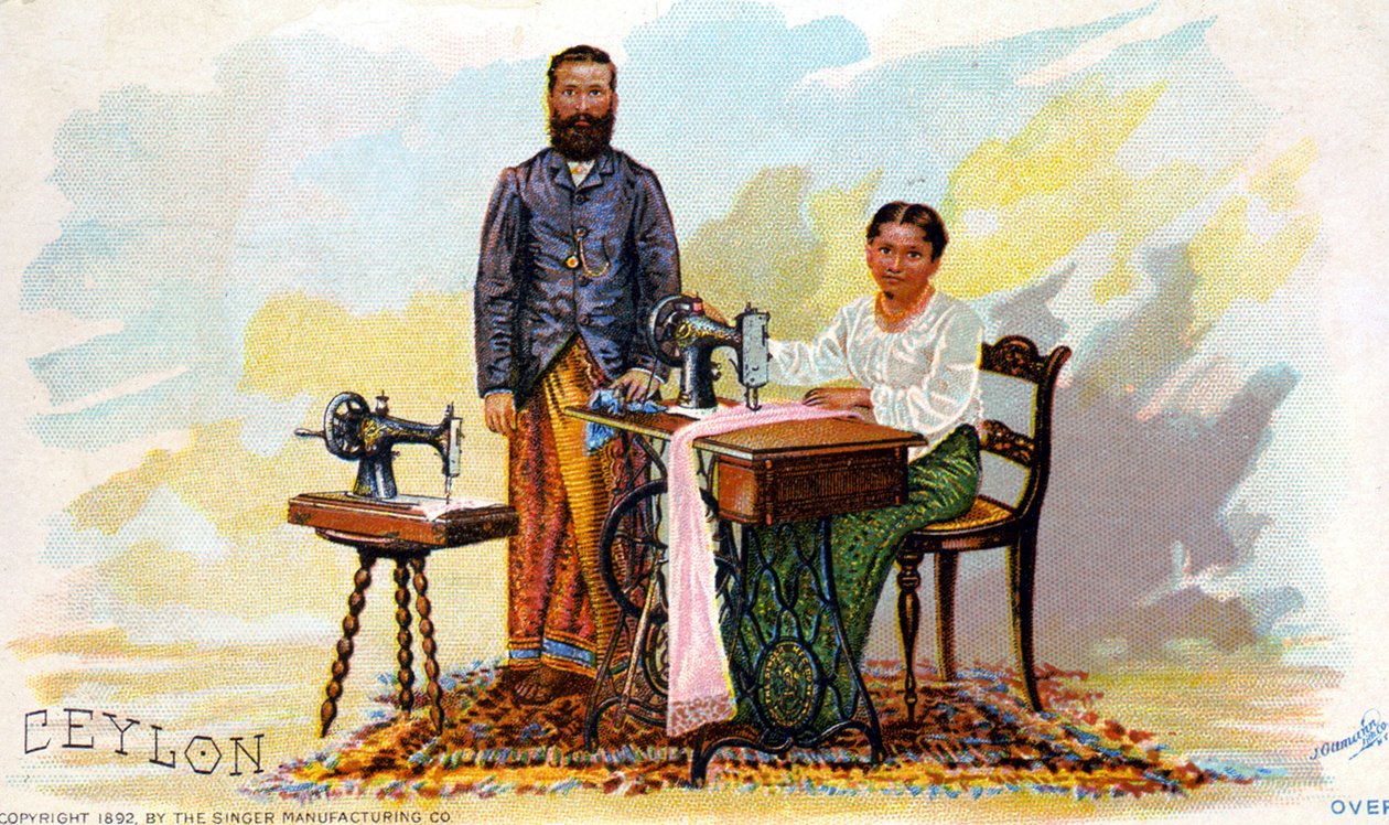 セイロン（現在のスリランカ）のシンガー社のミシンの広告。1892 作： 無名の画家