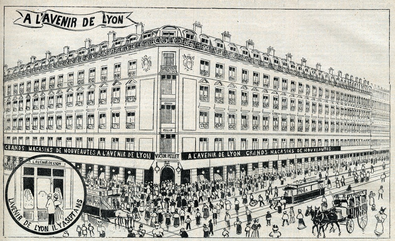 1898年の「リヨンのアベニール百貨店」の広告。 作： 無名の画家