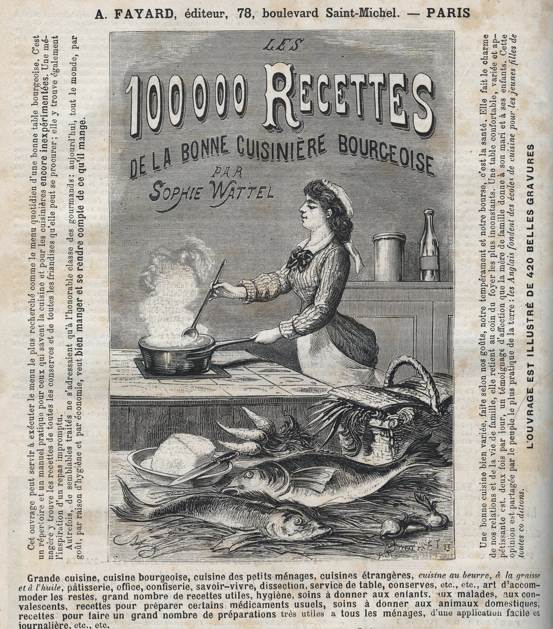 Werbung für das Buch „Les cent mille recettes de la bonne cuisinière bourgeoise“ von Sophie Wattel von Unknown artist