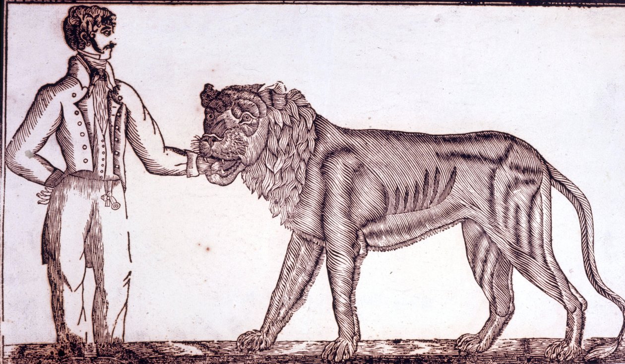 1800年に行われたサーカスの広告で、ライオンの口に手を入れるテイマーが描かれている。 作： 無名の画家