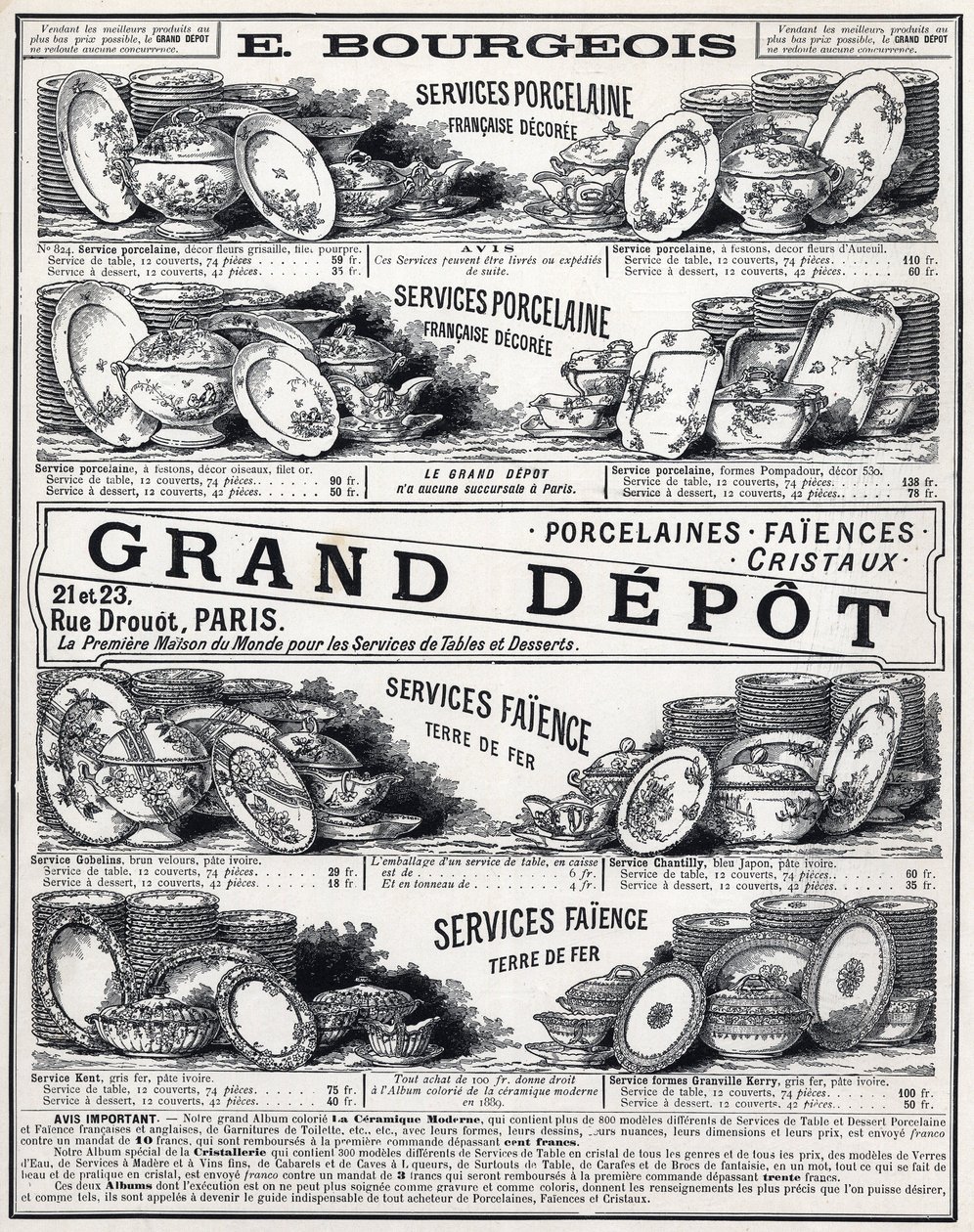 1889年の "La Ceramic Moderne By Le Grand Depot De Porcelaines, Faiences Et Verreries Bourgeois in Paris "の広告。 作： 無名の画家