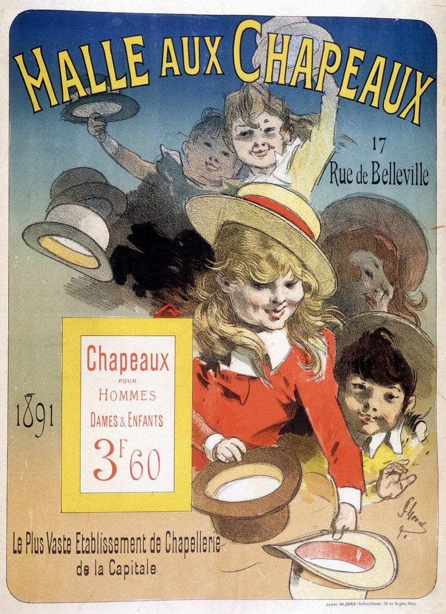 パリのベルヴィル通りにある "Halle aux hats "の広告ポスター 作： 無名の画家