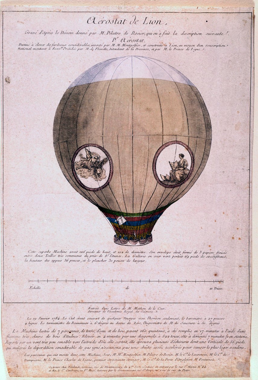 1783年頃、モンゴルフィエール兄弟（ジョセフとエティエンヌ）のモデルをもとに作られたリヨンのアエロスタット。19世紀のエングレーヴィング。パリ、B.N. 作： 無名の画家