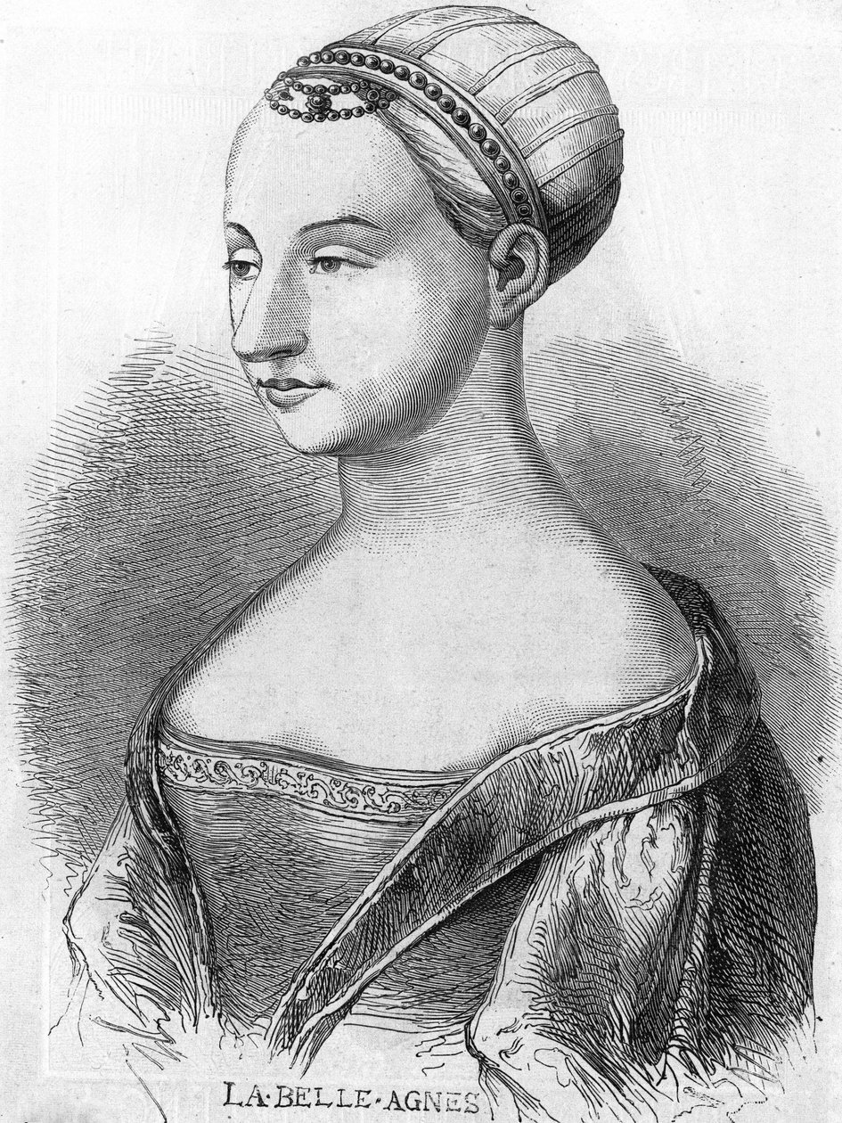 アグネス・ソレル（1422-1450）（ボーテ・シュル・マルヌの貴婦人）（ボーテ・シュル・マルヌ）、シャルル7世に寵愛された「ラ・ベル・アグネス」として知られている。19世紀のエングレーヴィング。 作： 無名の画家