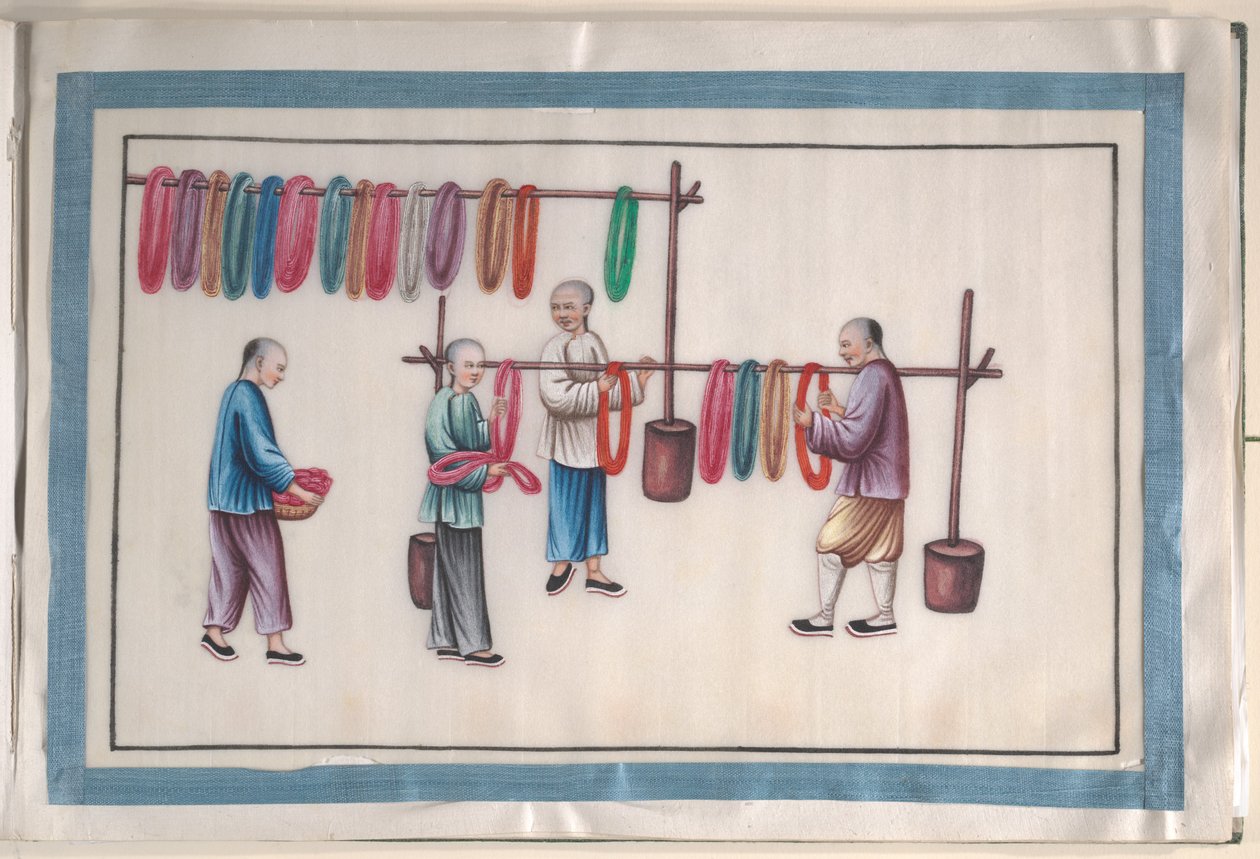 絹を作る人々を描いた12枚の絵が入ったアルバム 作： 無名の画家