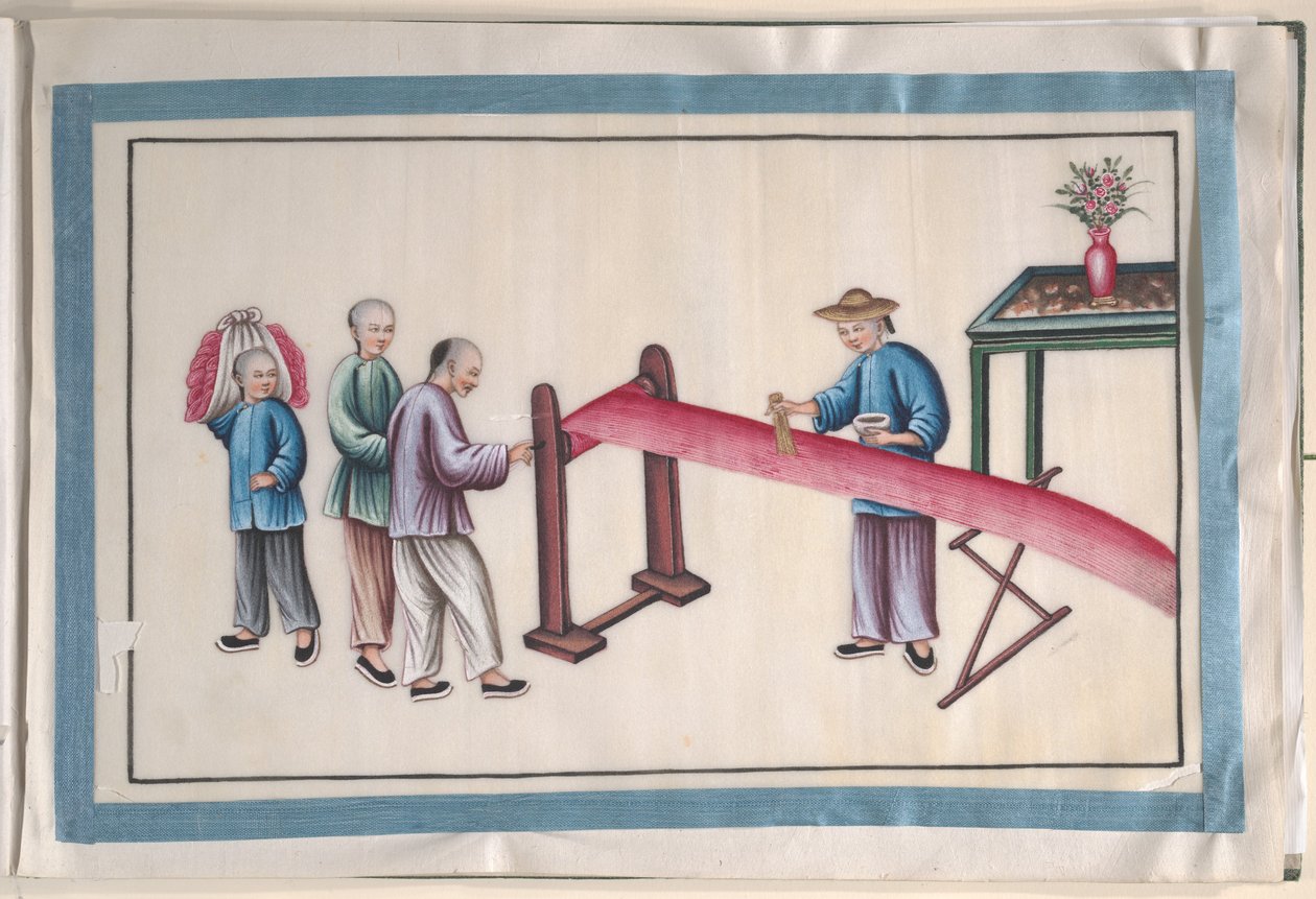 絹を作る人々を描いた12枚の絵が入ったアルバム 作： 無名の画家