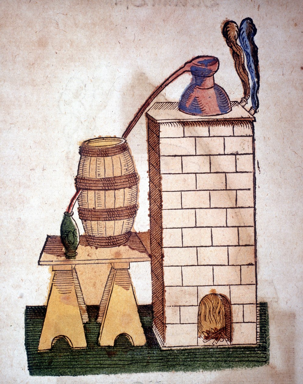 錬金術: 蒸留のための装置。Pietro Andrea Mattioli (Matthiole) (1500-1577)の本からのエングレーヴィング。フランクフルト 作： 無名の画家