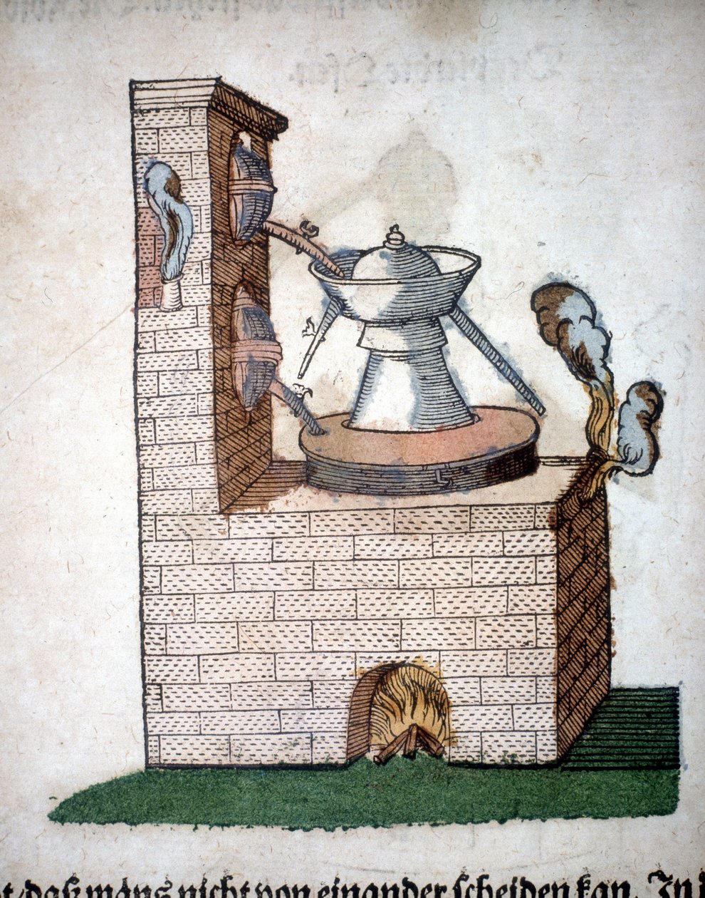 錬金術：Pietro Andrea Mattioli (Matthiole) (1500-1577)の本から抜粋した蒸留のための装置。フランクフルト 作： 無名の画家