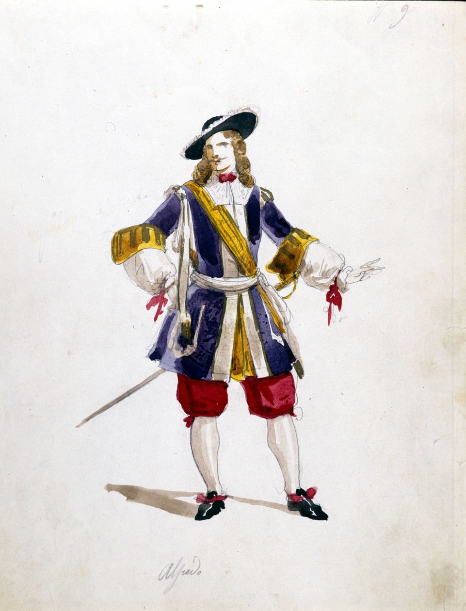 1855年にスカラ座で行われたジュゼッペ・ヴェルディのオペラ「椿姫」でのアルフレードの衣装。 作： 無名の画家