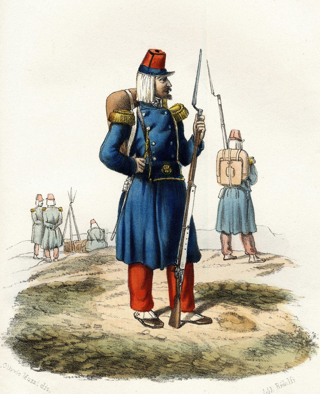 1830年のアフリカ遠征時のフランス軍の軽装歩兵「アルジェリー」。Leone Galibert著「Storia d