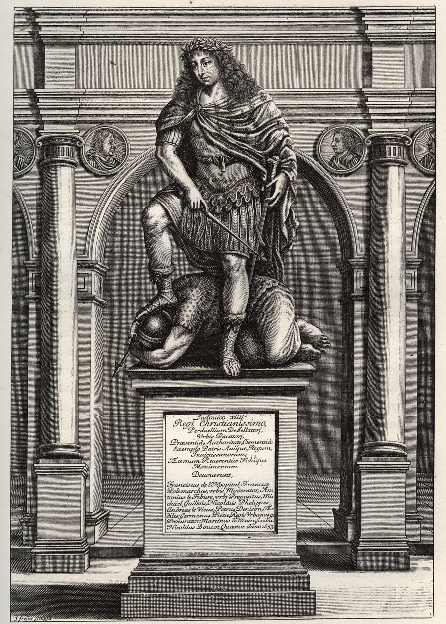 ルイ14世（1638-1715）が敵を打ち破る様子を描いた寓意画。1653年にJ.フローネが描いたエングレーヴィング。個人蔵。 作： 無名の画家