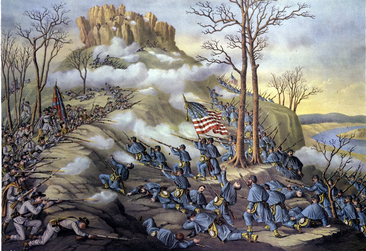 アメリカ分離独立戦争または南北戦争（1861年～1865年）：1863年11月23日、テネシー州ルックアウト・マウンテンの戦い、霧のために連邦軍がより速く前進できたことから、今日では雲の上の戦いとして知られている攻撃。19世紀のエングレーヴィング。 作： 無名の画家