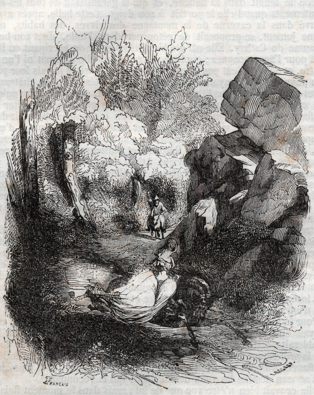 Angelique (Angelica) flieht vor dem alten Einsiedler - Gravur von 1851 aus „Roland der Rasende“ (Orlando furioso) (16. Jahrhundert) von Ludovico Ariosto, bekannt als der Ariosta - Ausgabe, übersetzt aus dem Italienischen von Graf von Tressan und veröffentl von Unknown artist