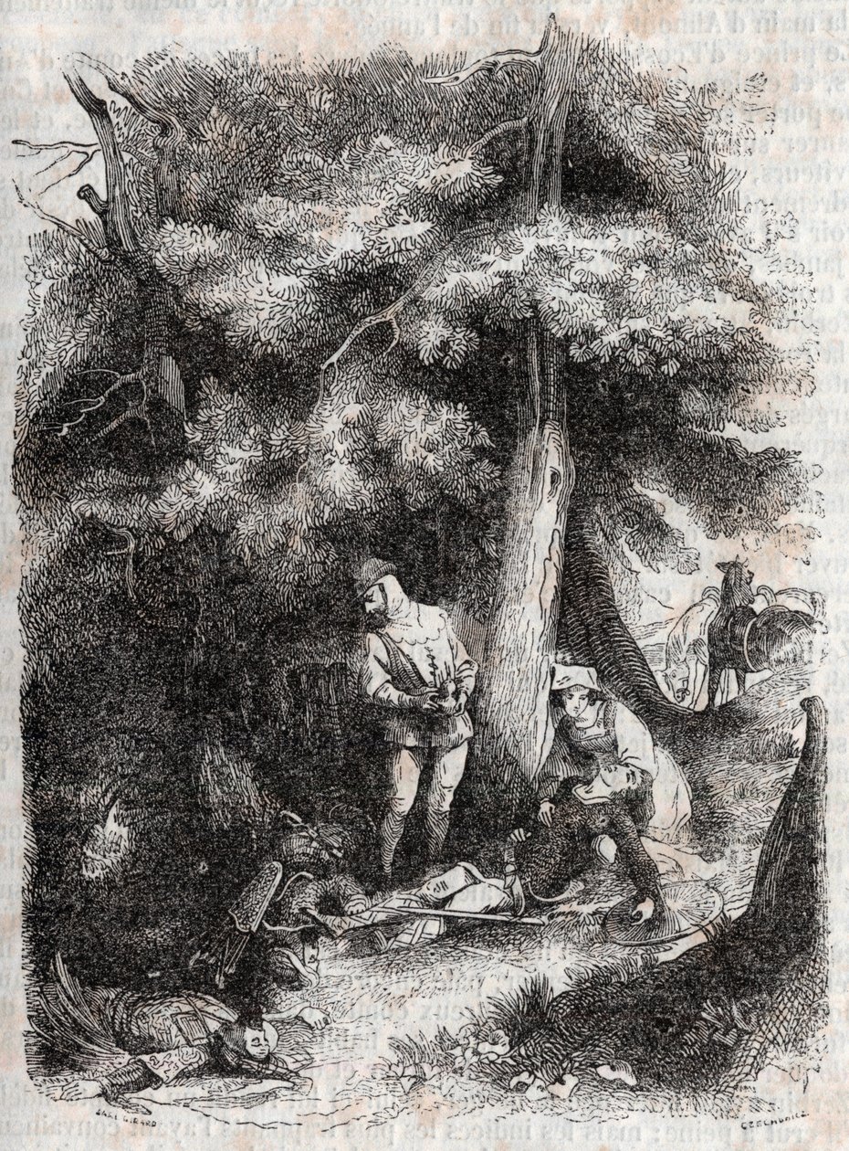 アンジェリーク（アンジェリカ）レスキューメドー（メドーロ）ウェス-ルドヴィコ・アリオストの「激情のロラン」（Orlando furioso）（16世紀）からの1851年の版画、通称「アリオスタ」-トレッサン伯爵がイタリア語から翻訳し、ギュスターヴ・ハーヴが出版した版。 作： 無名の画家