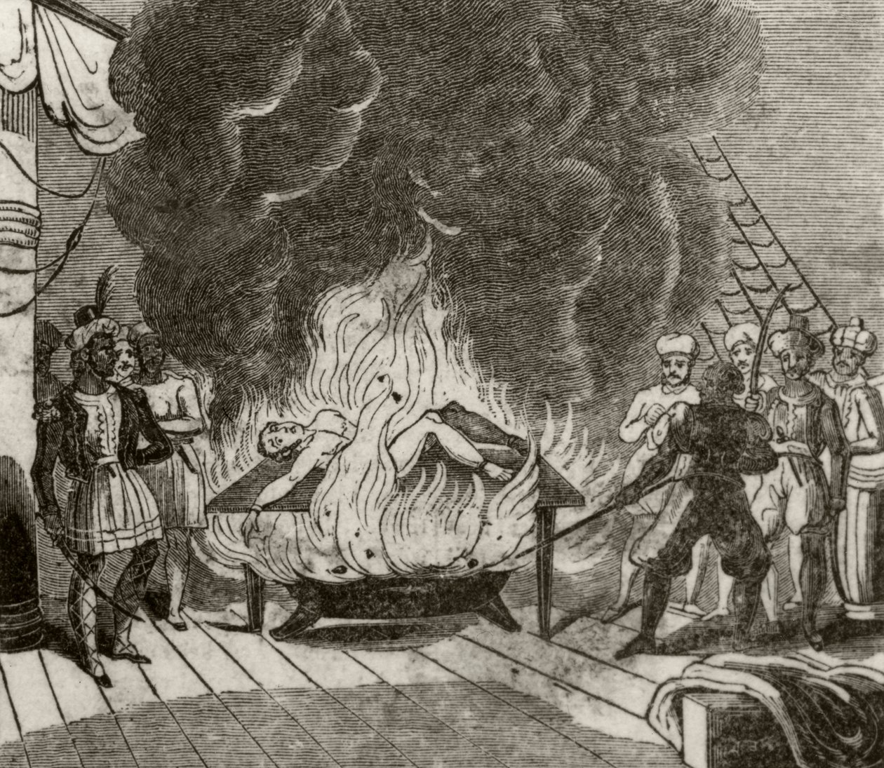 インドの海賊アンゴラがイギリス人船長を生きたまま焼いている」1836年頃 作： 無名の画家