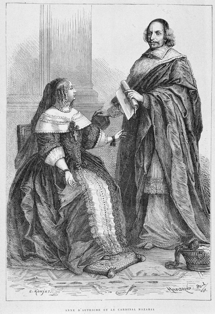 アンヌ・ドートリッシュとジュール・マザラン枢機卿（ジュリオ・ライモンド・マザリーノまたはマザリーノ）（1602-1661年） - M.ギゾーの「最も遠い時代から1789年までのフランス史」に掲載されているグラビア。 作： 無名の画家