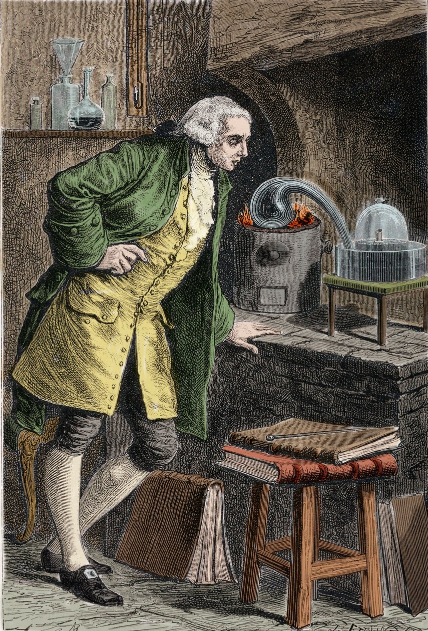 Antoine Laurent Lavoisier (1743-1894) フランスの化学者、空気中の酸素の存在を調査：酸化水銀を入手した実験 - Lavoisier dans son laboratoire.19世紀のエングレービング。 作： 無名の画家