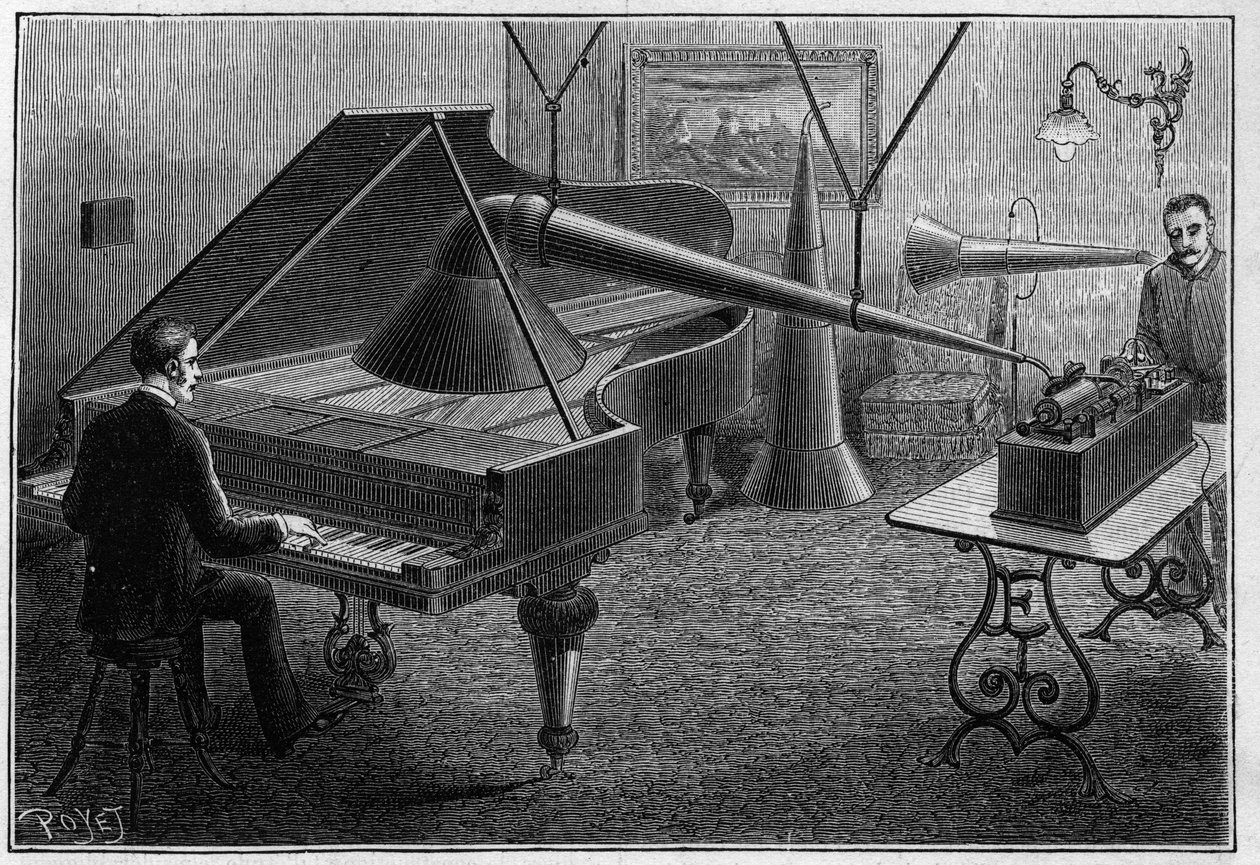 トーマス・アルバ・エジソン（1847-1931）が発明した蓄音機でピアノ曲を録音する装置。La Nature.科学とその芸術・産業への応用に関する雑誌 作： 無名の画家