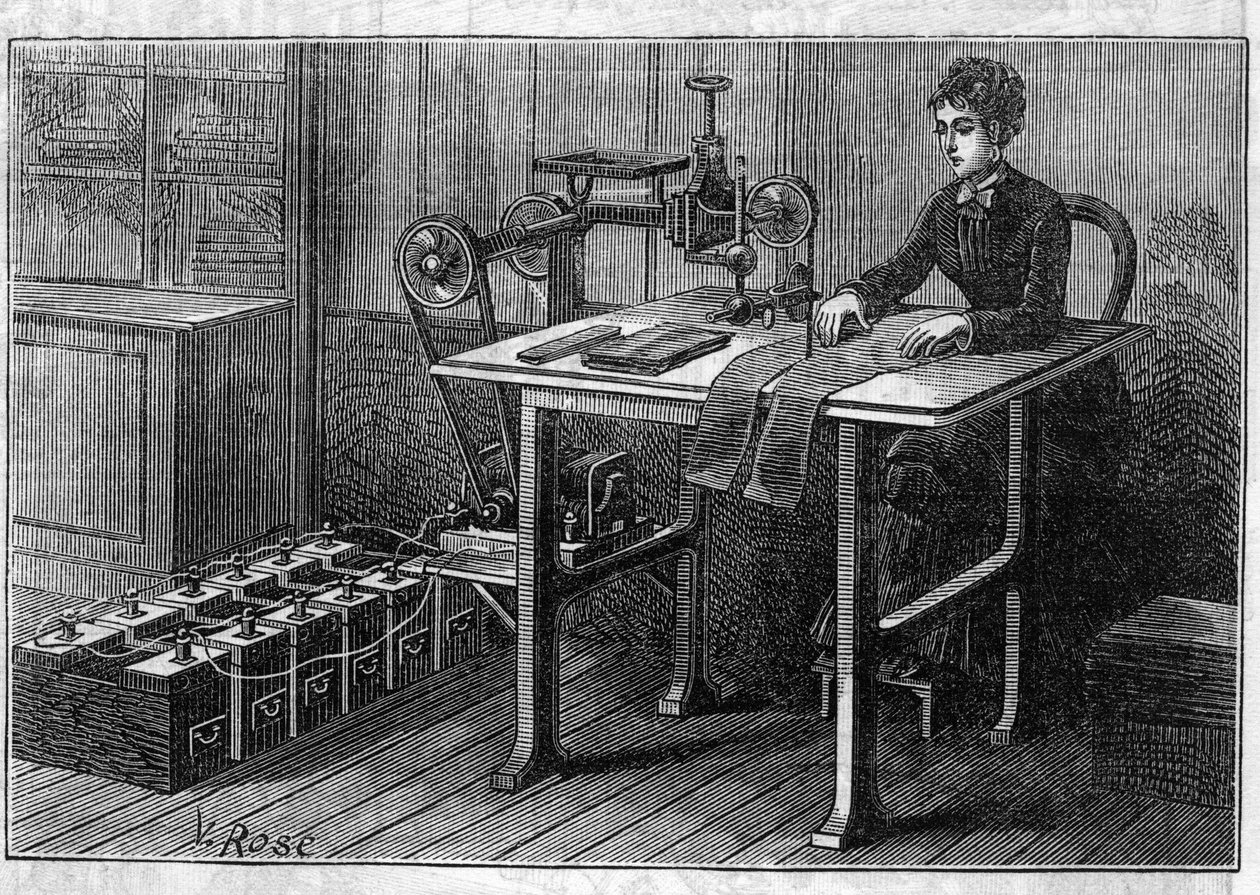 フォーレ電池の応用：アキュムレータで作動する布用の裁断機。"Le Monde Illustré "に掲載された図版 作： 無名の画家