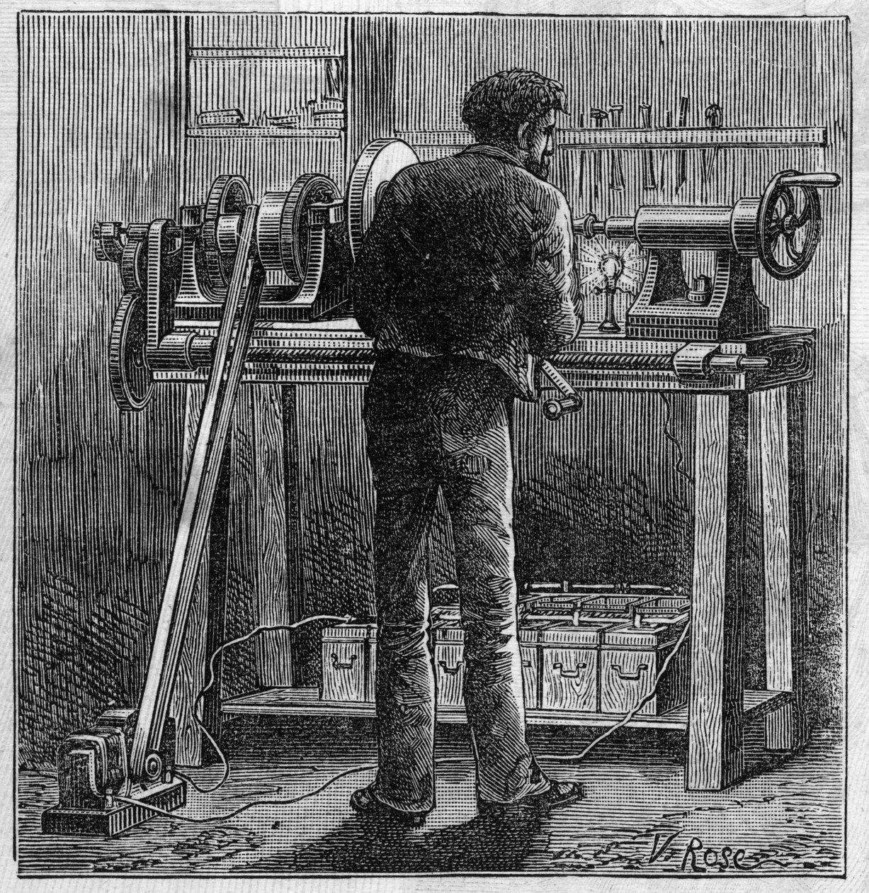 フォーレ電池の応用：アキュムレーターで動く職人のターン。"Le Monde Illustré "に掲載された図版 作： 無名の画家