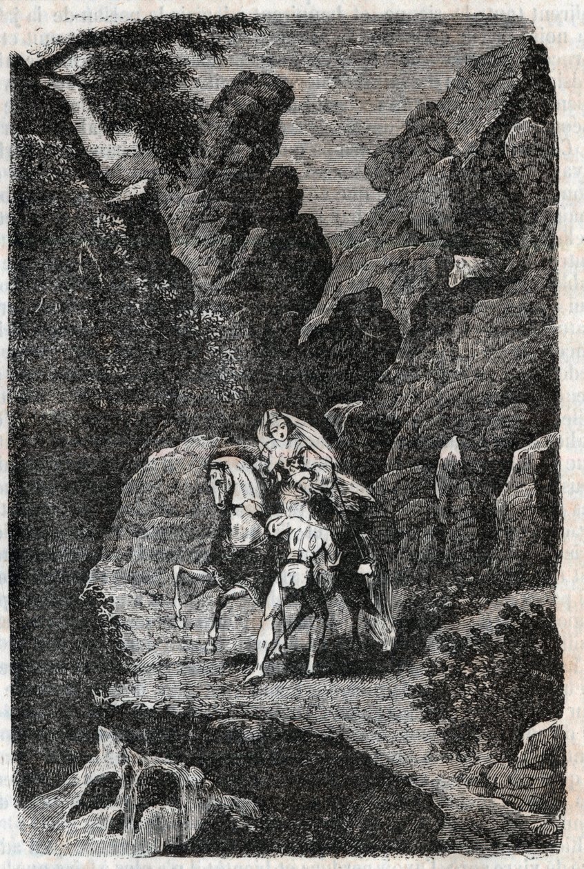 花婿の命令で襲われたアルギー-1851年の版画（ルートヴィコ・アリオスト著「激情のロラン」（Orlando furioso）（16世紀）より）アリオスタ-版はトレサン伯爵がイタリア語から翻訳し、ギュスターヴ・ハルヴァルが出版した。 作： 無名の画家