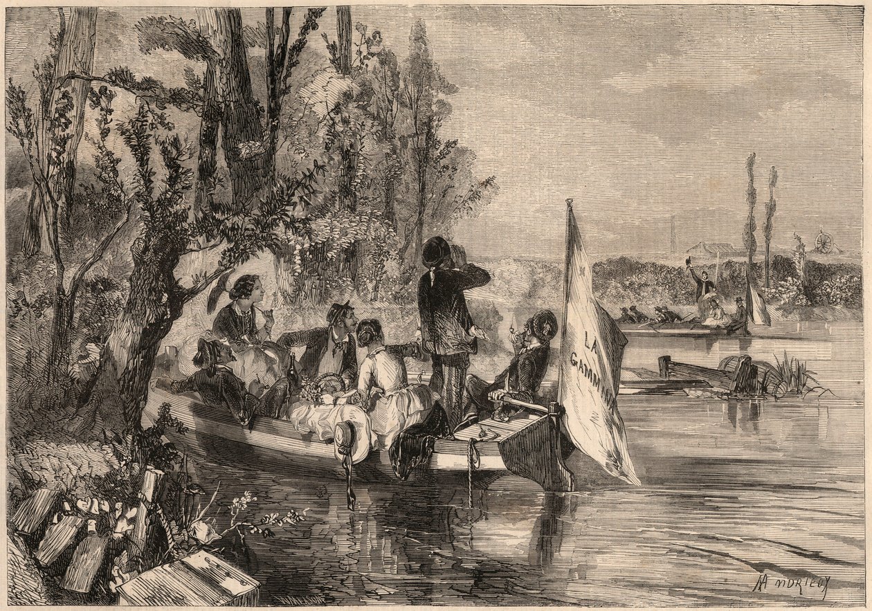 1857年のパリ周辺。アスニエールのカヌー隊。1857年の「Le Monde illustrious」誌に掲載された版画。個人蔵。 作： 無名の画家