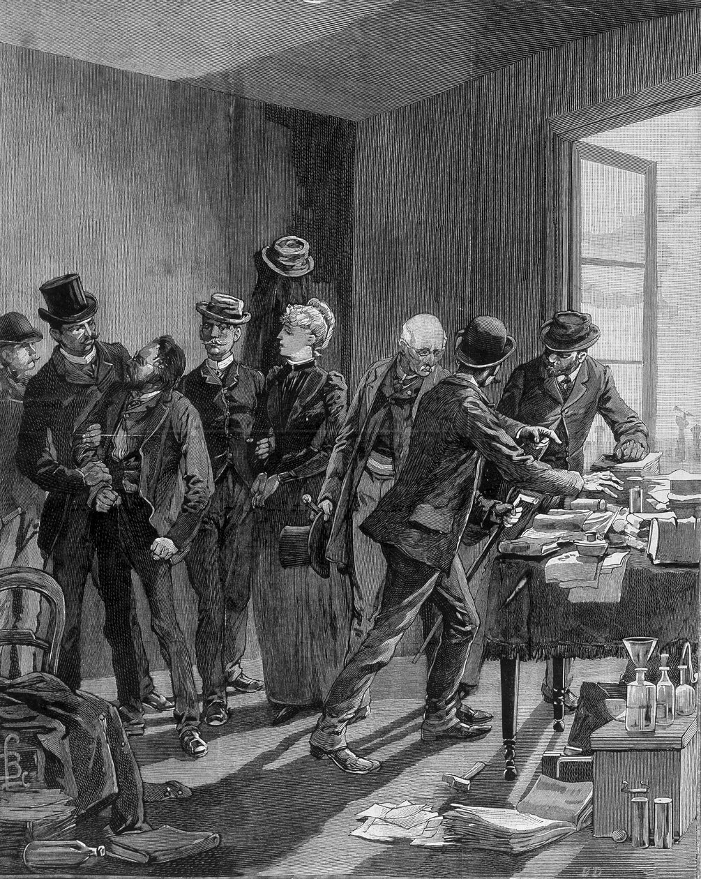 パリで逮捕されたニヒリストのレインシュテインとその妻。19世紀末（1890年？）のエングレーヴィング。 作： 無名の画家