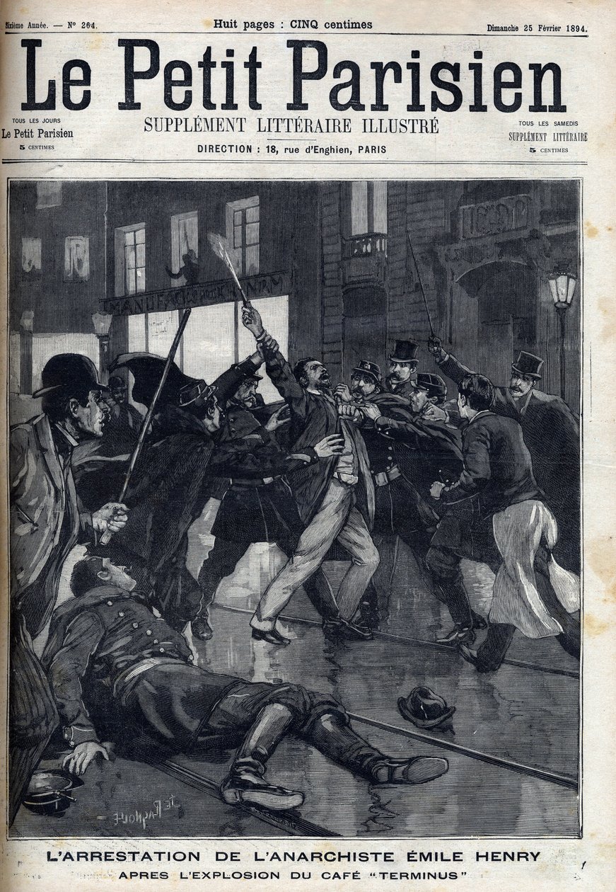 パリのカフェ「テルミヌス」の爆発後、アナキストのエミール・アンリ（1872-1894）が逮捕される。"Le Parisien "に掲載された版画 作： 無名の画家