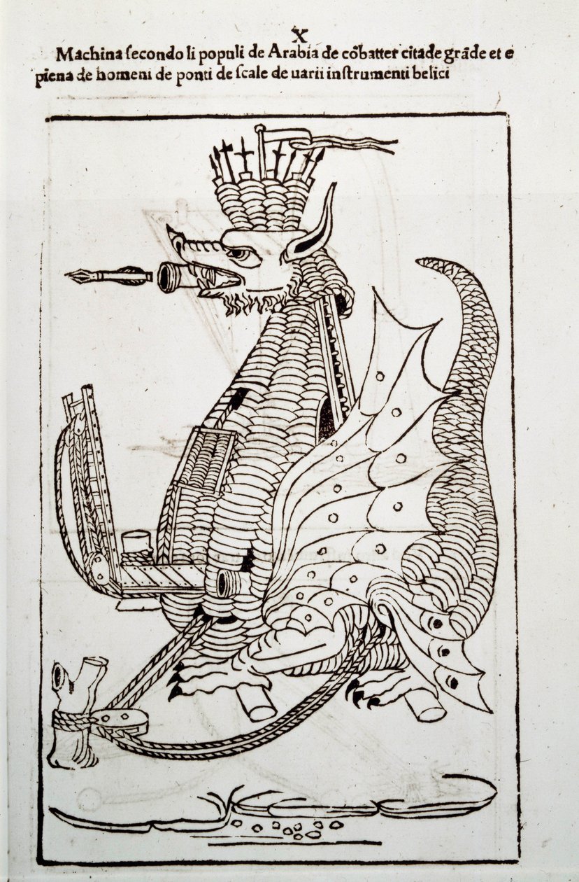 アート・オブ・ウォー：軍用機械の研究技師ロベルト・ヴァルトゥーリオ（1413-1483）の『De re Militari』に描かれた、都市を包囲するためのアラビアの機械「アラビカ・マキナ」。 作： 無名の画家